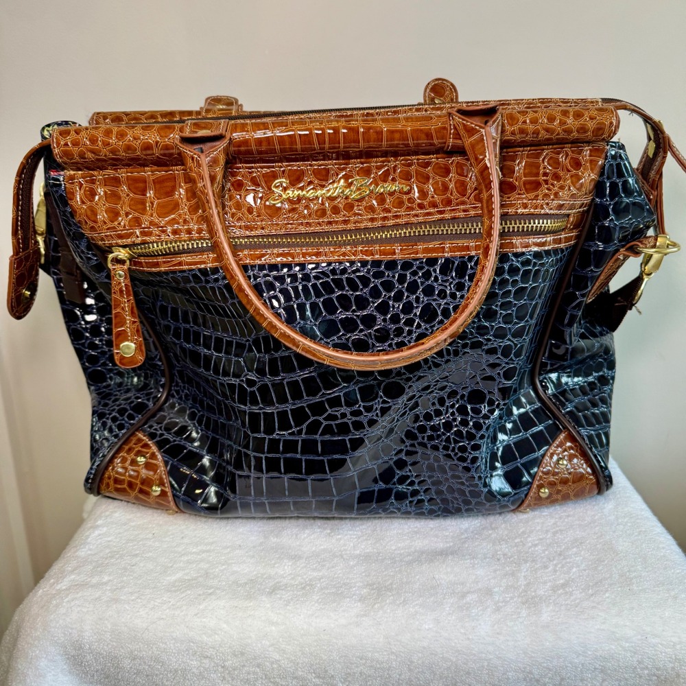 Samantha Brown Navy Brown Croc Embossed Patent Satchel Dowel Travel Bag - Picture 5 of 5